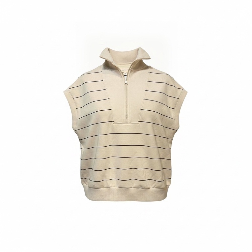 Thread & Supply Paris Stripe Sleeveless Quarter Zip Sweatshirt Cream Navy Large
